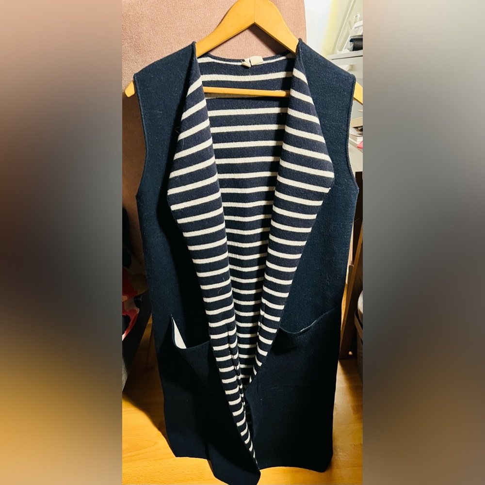 ANTHROPOLOGIE MOTH Navy Blue White Stripe Long Cardigan Duster Vest One Size